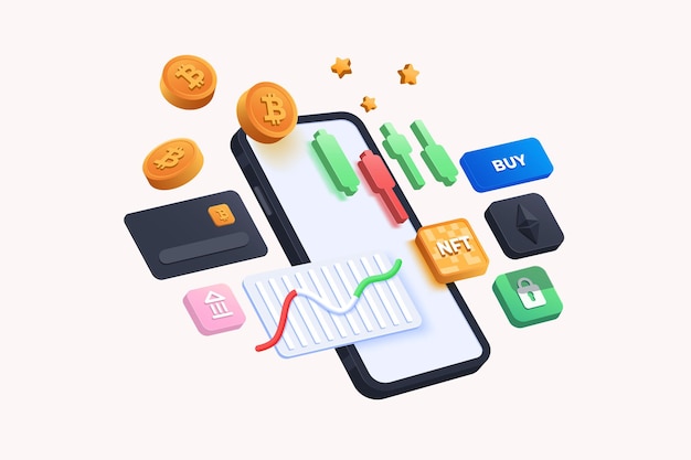 Cryptocurrency transaction and mobile banking infographic. send money. bitcoin digital wallet. e-payment 3d concept. international money transfer 3d vector illustration