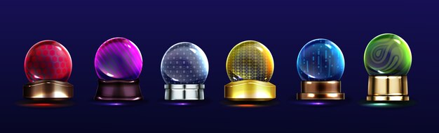 Crystal globes, snow balls on metal stands. Vector realistic set of glass magic spheres with different patterns