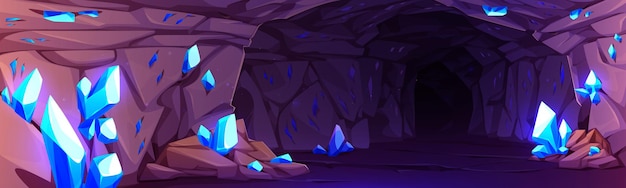 Crystal mine cave with treasure cartoon background fantasy underground drawing landscape illustration coal tunnel with jewel inside rock mountain fairy tale deep corridor environment wallpaper