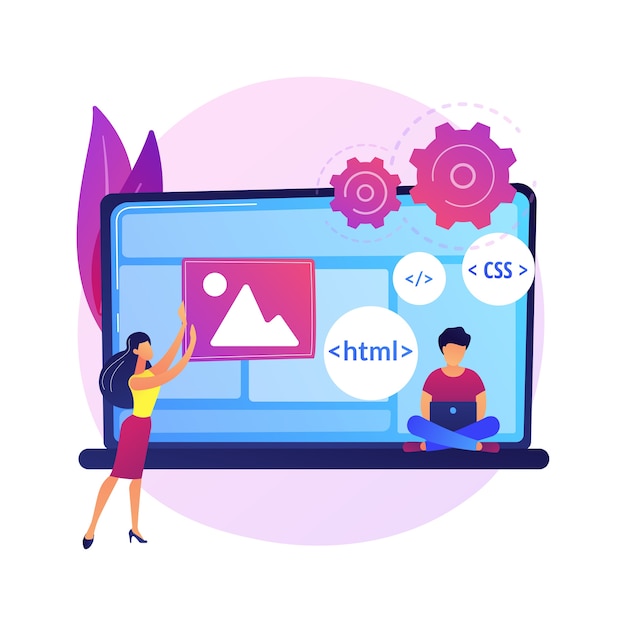 無料ベクター cssおよびhtmlプログラミング言語。コンピュータプログラミング、コーディング、it。女性プログラマーの漫画のキャラクター。ソフトウェア、ウェブサイト開発。