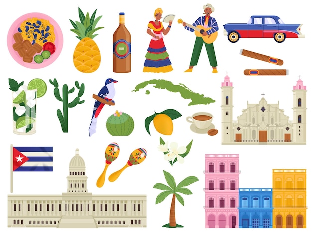 Free vector cuba flat icons set of cuban symbols national dishes landmarks people fauna and flora isolated vector illustration