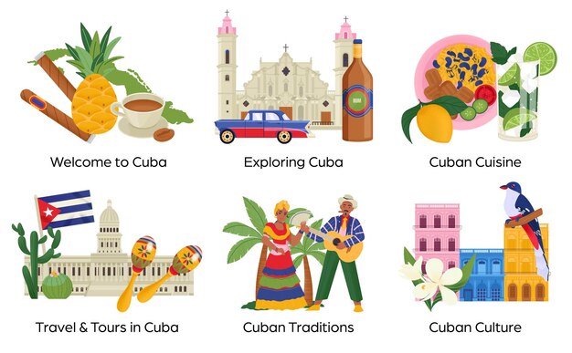 Cuba travel compositions set with cuisine culture and tradition elements isolated flat vector illustration