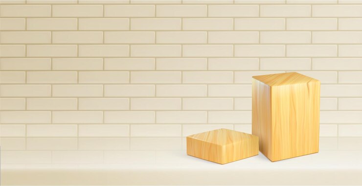Free Vector cube wooden podium with brick wall