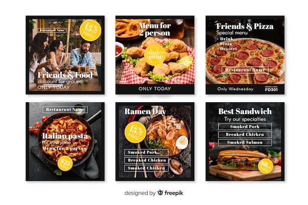 Vettore gratuito collezione di post di instagram culinaria con foto