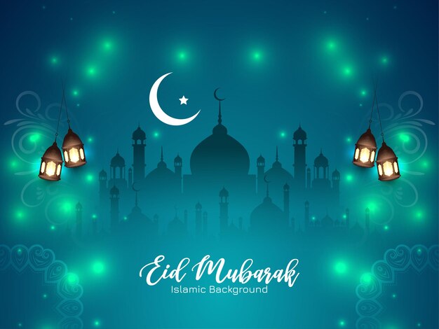 Cultural Islamic Eid Mubarak festival shiny glossy blue background vector