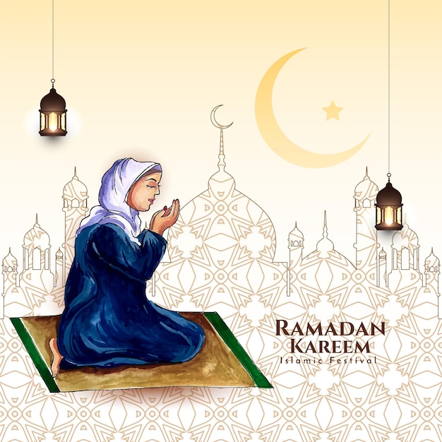 イスラム教徒の女性がヒジャブでナマズを提供する文化的なラマダン・カリーム・フェスティバル・カード