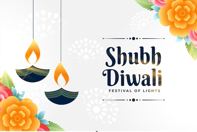 Modello culturale shubh diwali con diya artistico e fiore