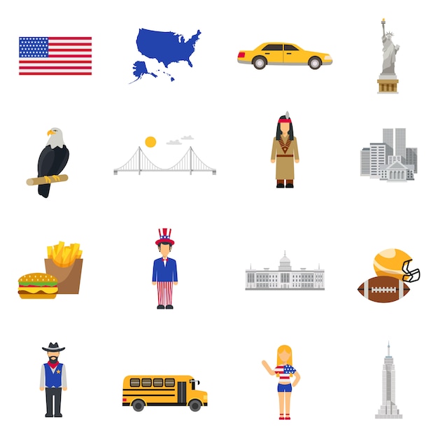 Culture symbols  usa flat icons set