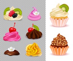 cupcake constructor with various appetizing toppings set on transparent  and 2 ready desserts realistic