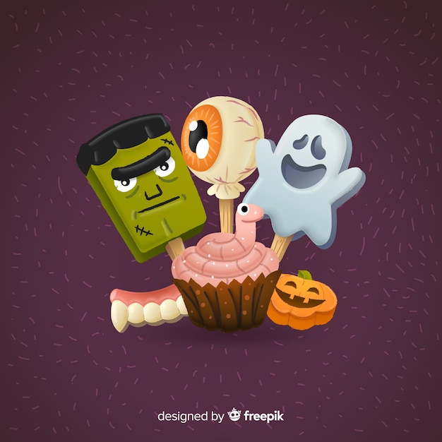 Free vector cupcake with halloween creatures on stick