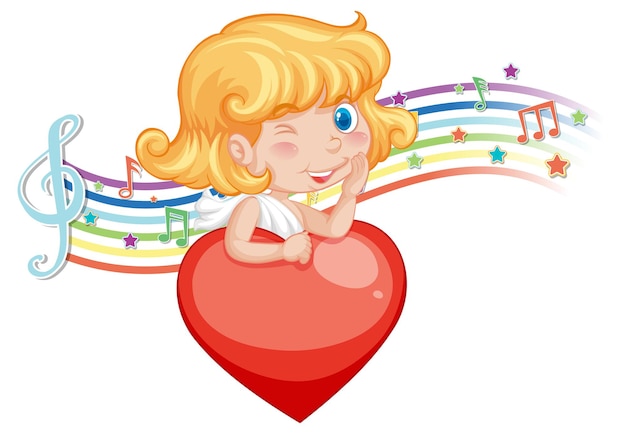 Free vector cupid angel character with melody symbols on rainbow