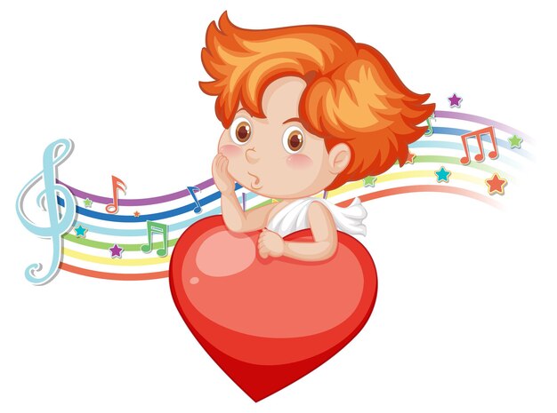 Cupid angel character with melody symbols on rainbow