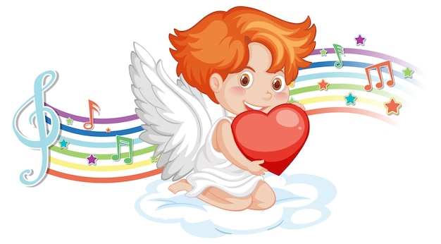 Free vector cupid angel character with melody symbols on rainbow