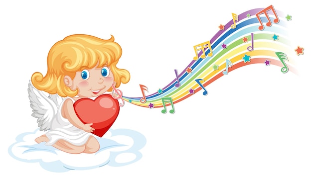 Cupid angel character with melody symbols on rainbow