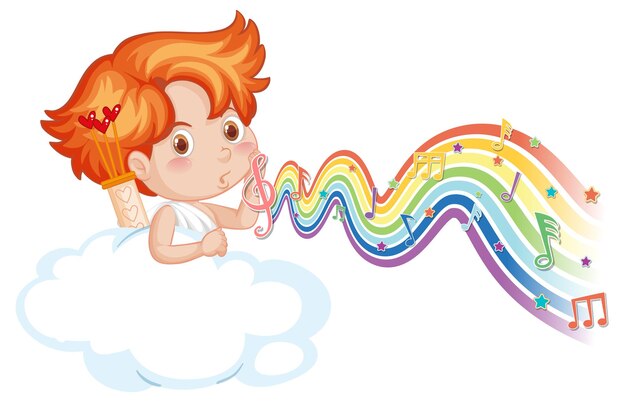 Cupid boy on the cloud with melody symbols on rainbow wave