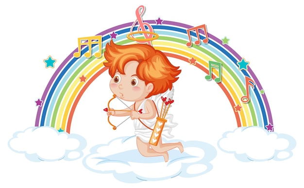 Cupido sulla nuvola con simboli di melodia sull'arcobaleno