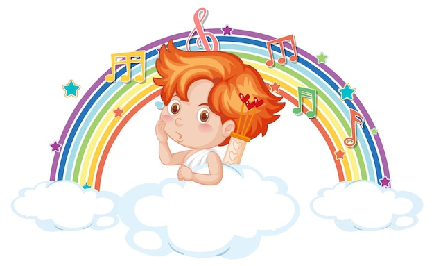 虹のメロディーシンボルと雲の上のキューピッド少年 無料ベクター