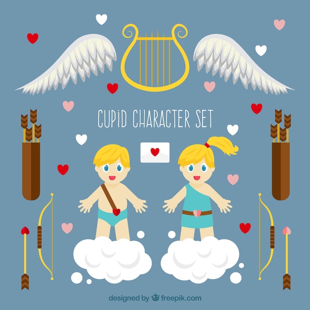 Free vector cupid characters with accessories in flat design
