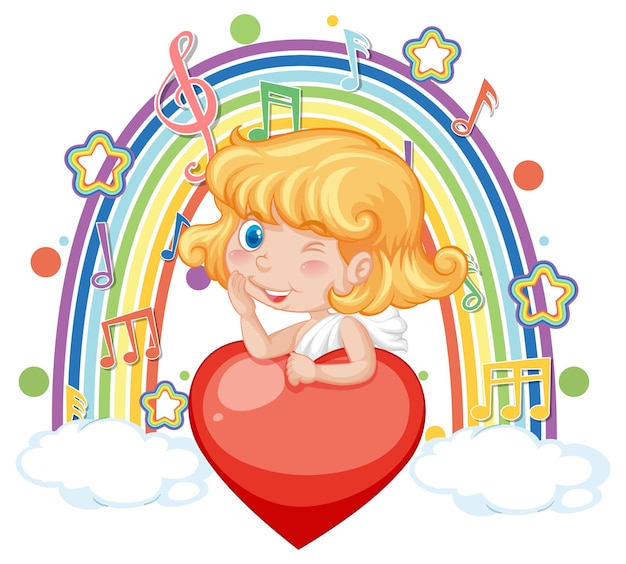 虹のメロディーシンボルとハートを保持しているキューピッドの女の子