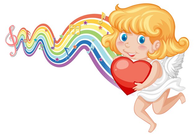 Cupid girl holding heart with melody symbols on rainbow wave