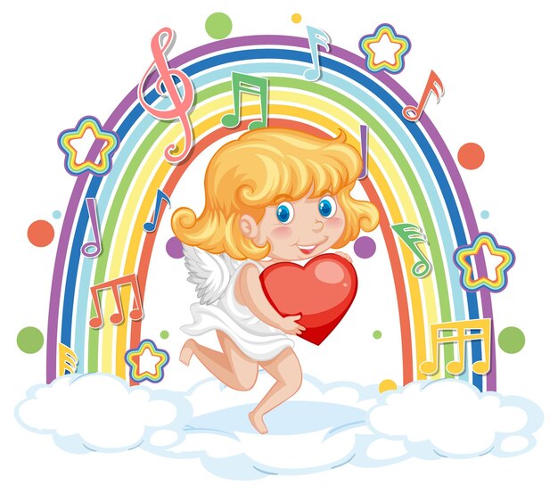 Cupid girl holding heart with melody symbols on rainbow