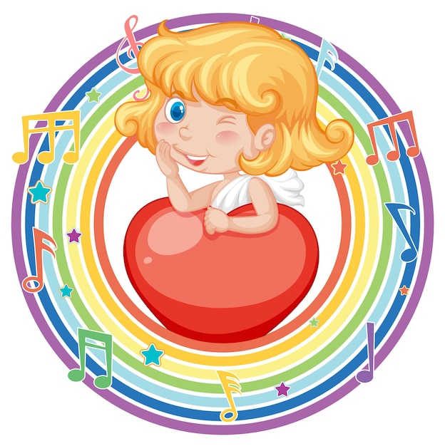 Cupid girl in rainbow round frame with melody symbol