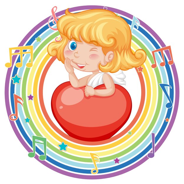 Девушка купидона в радуге круглая рамка с символом мелодии