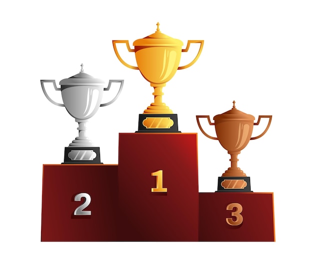 Free vector cups medals reward on pedestal composition with winners podium image with bronze silver and golden cups illustration