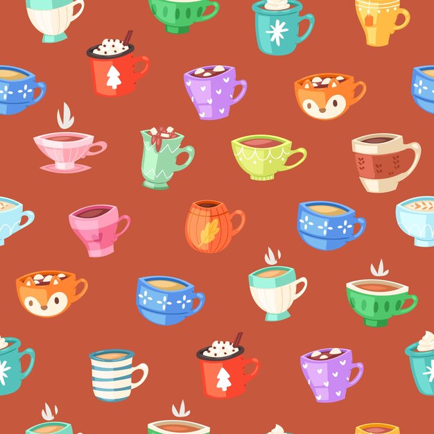 カップのシームレスなパターン コーヒーの壁紙のコンセプトを飲む レトロなイラスト ヴィンテージ イラスト かわいい食器の要素 装飾的な飾り 台所用品のコレクション プレミアムベクター