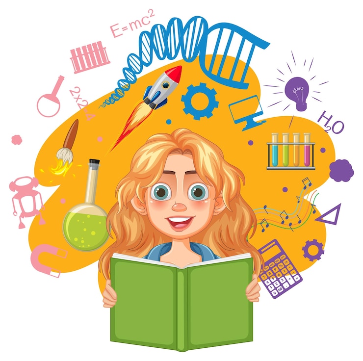 Free Vector curious girl learning science concepts