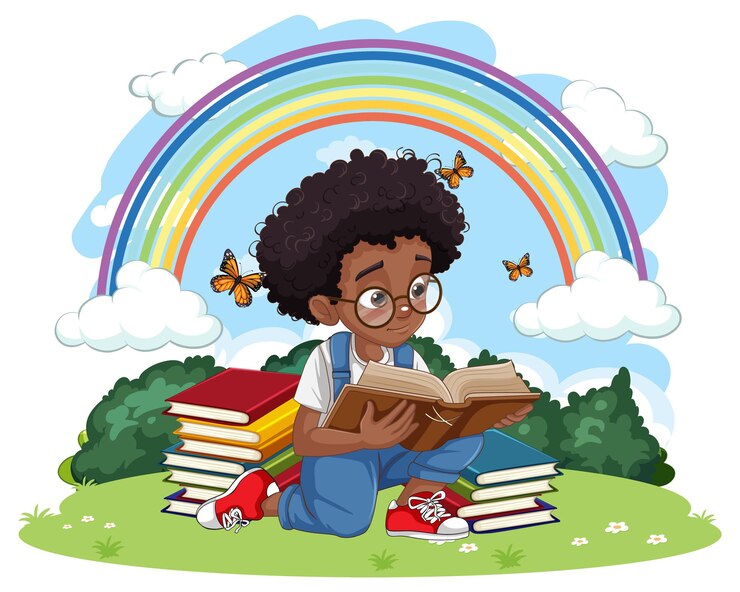 Free Vector curly hair boy reading book