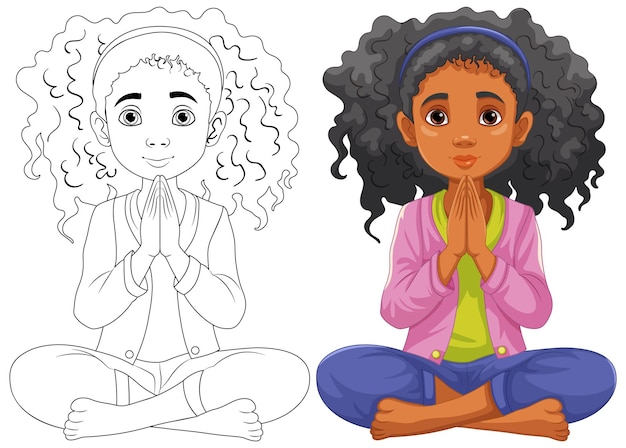 Free vector curly-haired woman praying and meditating with open eyes