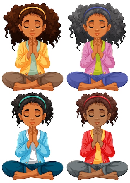 Free vector curlyhaired woman meditating in colorful attire