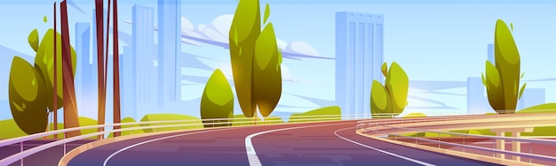 Бесплатное векторное изображение Кривая дорога-мост ведет в город с небоскребами