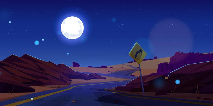 Free Vector curve desert road night landscape vector background with turn sign west arizona sand scene with empty canyon highway dark rock valley direction in american wilderness route roadtrip scenery