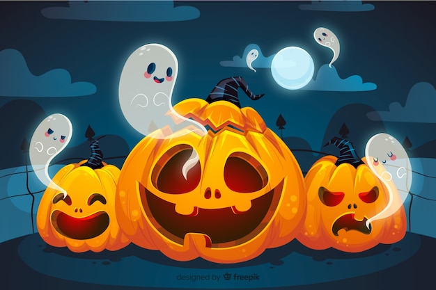 Curved pumpkins and ghosts halloween background