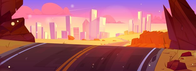 砂漠を通って近代都市に向かう曲線の高速道路ひびの入ったアスファルト道路の視点石のベクトル漫画イラスト高層ビルと雲と夕焼け空と地平線上の未来的な都市の景観