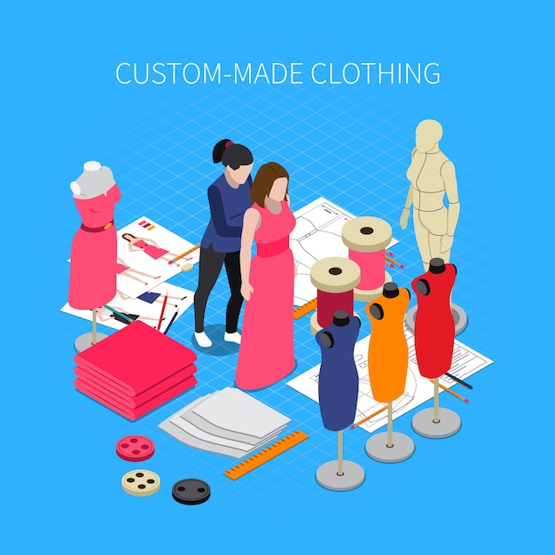 Custom made clothing isometric illustration with dress symbols