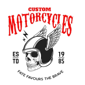 Custom motorcycles. poster template with skull in winged racer helmet. design element for poster, logo, label, sign, badge. vector illustration