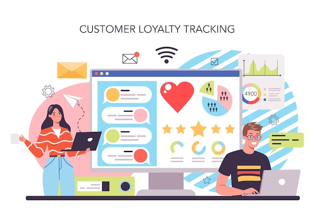 Customer loyalty online service or platform marketing program development for client retention customer loyalty tracking flat vector illustration
