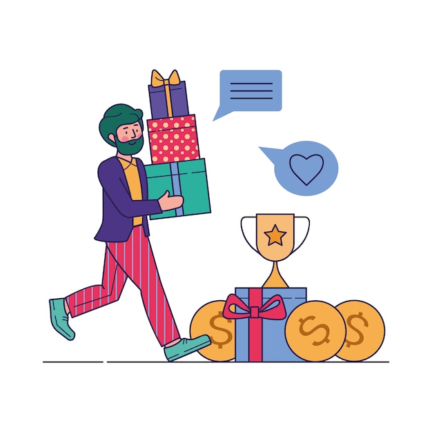 Free vector customer receiving gifts in bonus program vector illustration