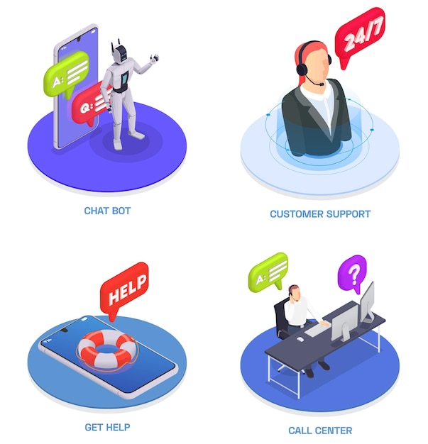 Free vector customer service isometric compositions set with chat bot support get help and call center descriptions