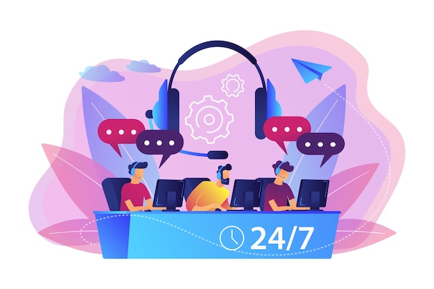 Free vector customer service operators with headsets at computers consulting clients 24 for 7. call center, handling call system, virtual call center concept.