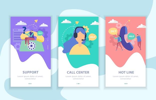 Customer support set of vertical flat banners call center and hot line isolated vector illustration