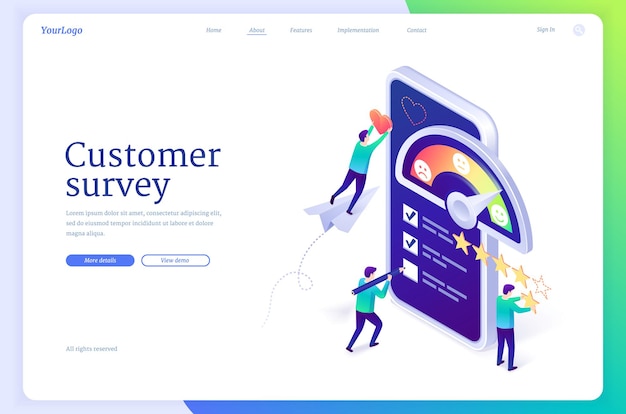 Customer survey isometric landing page web banner