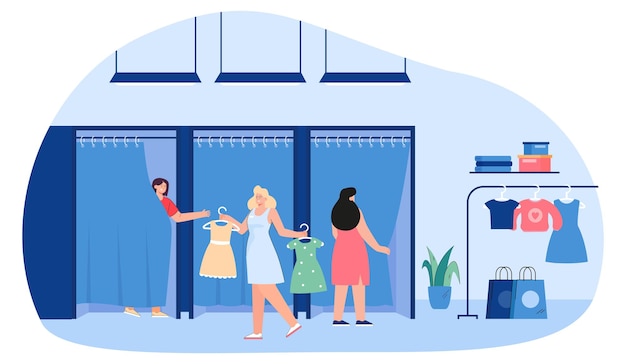 Customer trying dresses in fitting room of store or boutique. Female assistant of shopping mall bringing clothes on hangers to young girl flat vector illustration. Fashion for lady, retail concept