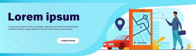 タクシーの注文やレンタカーにオンラインアプリを使用しているお客様。市内地図でタクシーを検索する男性