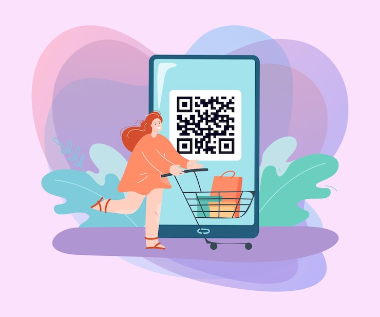 Free Vector customer with shopping trolley and qr code on big phone screen