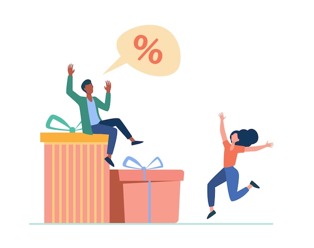 Customers celebrating discount season. Couple dancing at gift boxes, percent sign flat illustration.