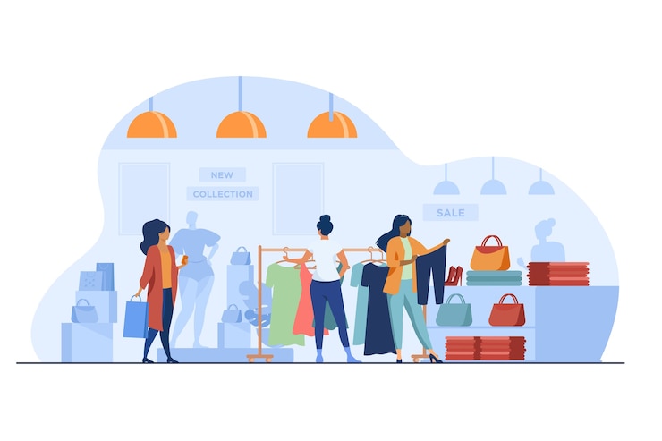 Free Vector customers in fashion shop. women choosing clothes in store flat vector illustration. shopping, sale, retail concept 